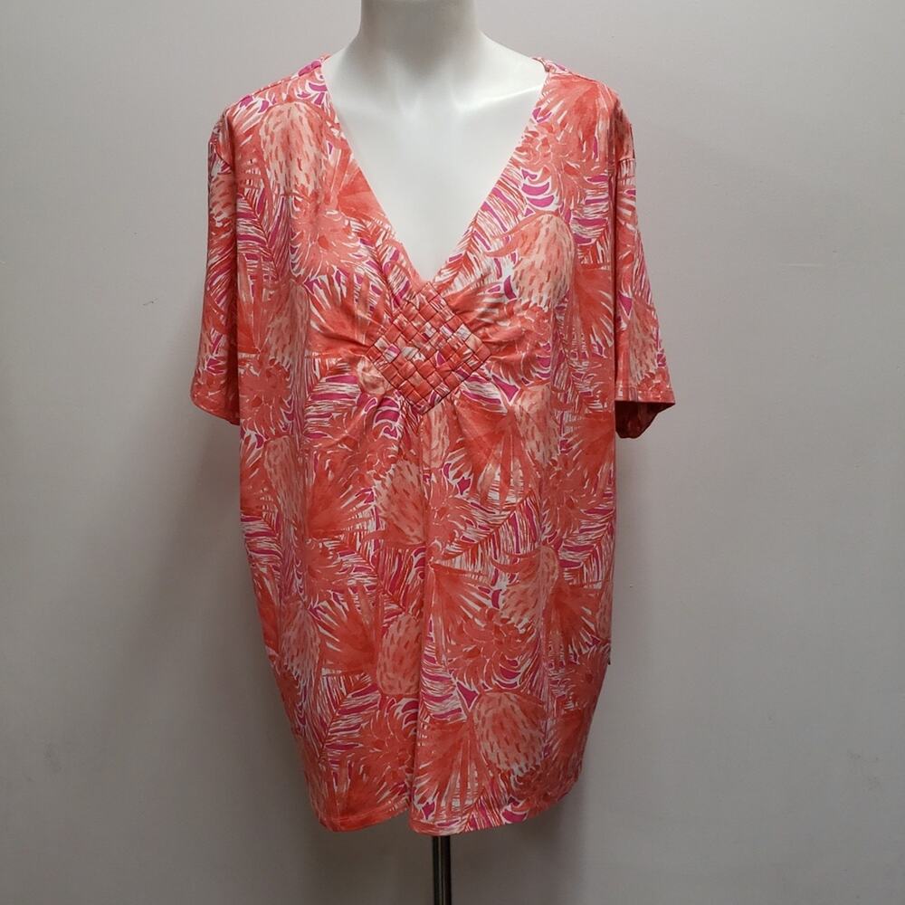 Caribbean Joe Tropical Coral Palm Print Top Women's 3X